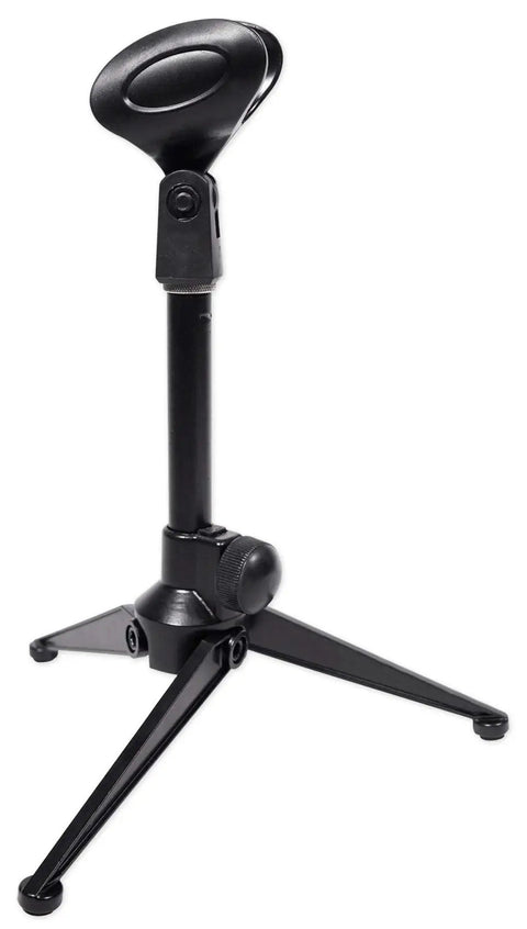Next Level Podcast Kit With Dual USB Interface Condenser Mics Studio Headphones Adjustable Desk Stands Hassle Free Setup Hit Record Like A Boss desktop mic stand with adjustable height and sturdy legs.