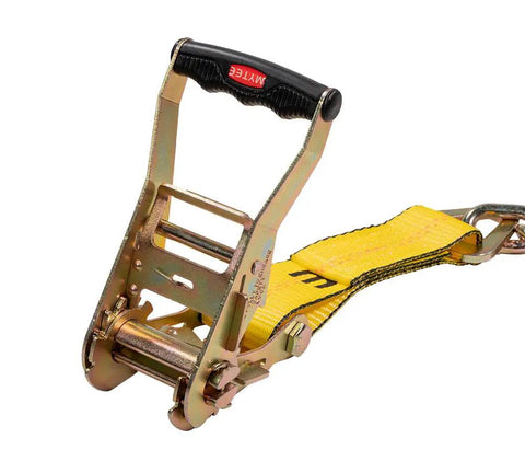 4 Pack 2x10 Inch Heavy Duty Wheel Tie Down Straps With Double Ratchets And Chain Anchors 3300 Lbs WLL ratchet mechanism close-up view.