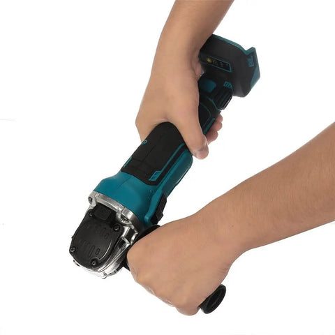 Heavy Hitter Brushless Cordless Angle Grinder With Variable Speed And 125 Mm Disc Cutting Action For Battery Powered Diy Projects And Smooth Metal Grind Work Daily held in hand, showing grip and cutting edge detail.