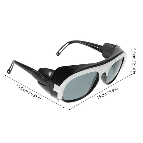 Kickass Welding Safety Glasses With HD Clear Lenses For Grinding And Outdoor Work Featuring Adjustable Nose Pads and Secure Ear Hooks, side view with measurements.