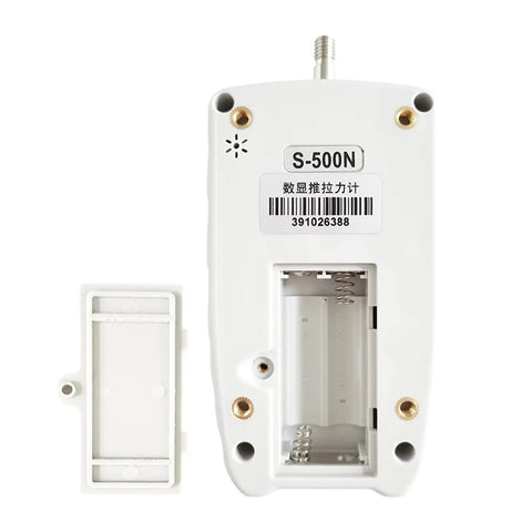Sleek Digital Push Pull Gauge And Portable Force Meter Tool For Spring Load Testing Up To 500 Newtons back view showing battery compartment