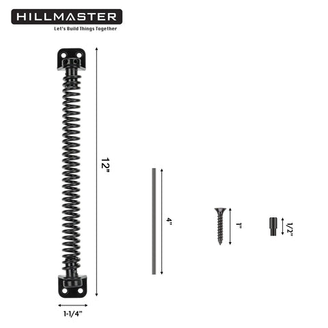 Heavy Duty 12 Inch Self Closing Gate Spring With Adjustable Tool For Outdoor Wood And Vinyl Fences Rugged Black Powder Coated Steel parts.