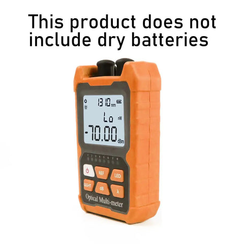 Hella Tough Portable Fiber Optic Power Meter And Tester With FC SC ST Ports Built In 2MW Visual Fault Locator showing display and buttons.