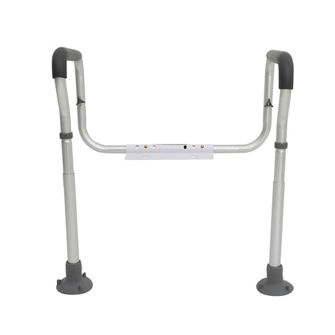 Built Tough Toilet Safety Rail With Padded Armrests, Adjustable Bathroom Safety Frame Fits Most Toilets, 300 Lbs Weight Limit, Solid support bars for elderly, in silver aluminum with gray padding.