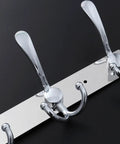 Two Piece Five Hook Wall Mounted Coat Rack Made From Solid Stainless Steel Featuring A Polished Mirror Finish great for bathroom use.