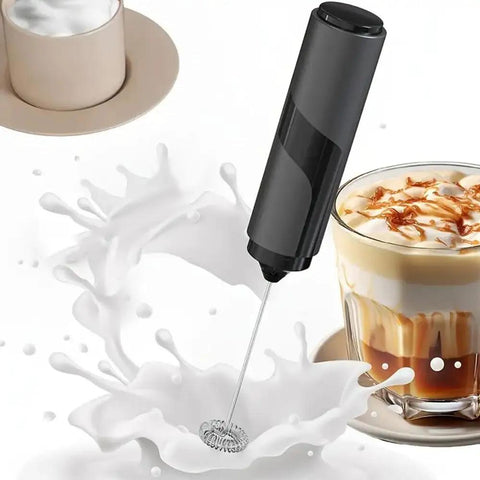 Cordless handheld milk frother with stainless whisk creating foam, shown with coffee, Handheld Milk Frother Cordless Electric Foam Maker With Stainless Steel Whisk Froths In 15 Seconds Quiet Drink Mixer For Coffee Matcha Hot Chocolate Black Dishwasher Safe