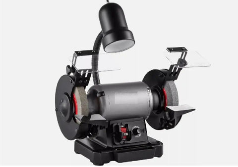Heavy Duty 6 In Bench Grinder With Variable Speed Dial And Pure Copper Induction Motor, featuring dual grind wheels and lamp.