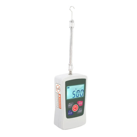 Rock Solid Digital Force Meter With Crisp Backlit Screen for push and pull measurements, showing digital display.