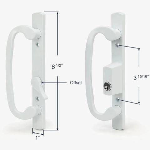 Keyed Sliding Patio Glass Door Handle Set For Truth Legacy Sash Controls 3-15/16 Inch Center To Center White Diecast