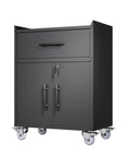 Heavy Duty 35 Inch Tool Storage Cabinet With Slick Rolling Lockable Casters And No Fuss Adjustable Shelving For Garage Workshop Gear Caddy Organization Matte Black front view with casters and lockable doors.
