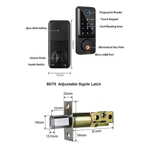 Detailed view of Waterproof Smart Deadbolt Lock For Home featuring biometric fingerprint reader and adjustable signle latch.