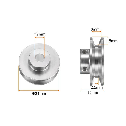 Heavy Duty Aluminum Alloy V Groove Pulley Single Groove Sheave With 7Mm Grub Screw Bore Fits 4 To 5Mm Pu Round Belt For Motor Shafts And Drilling Machines No Sweat Install Runs Dead Smooth showing dimensions 7mm bore and 31mm OD.