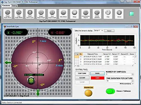 Digital interface of Dead Accurate Two Axis Digital Tilt Sensor Wireless Inclination Monitor showcasing X and Y axis readings.