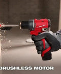 Compact Brushless Cordless Drill Driver Kit With Heavy Duty Metal Chuck Badass Torque Output And Featherweight Frame in use drilling wood.