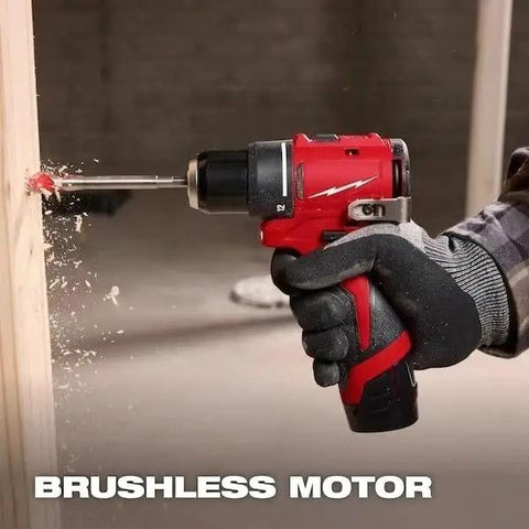 Compact Brushless Cordless Drill Driver Kit With Heavy Duty Metal Chuck Badass Torque Output And Featherweight Frame in use drilling wood.