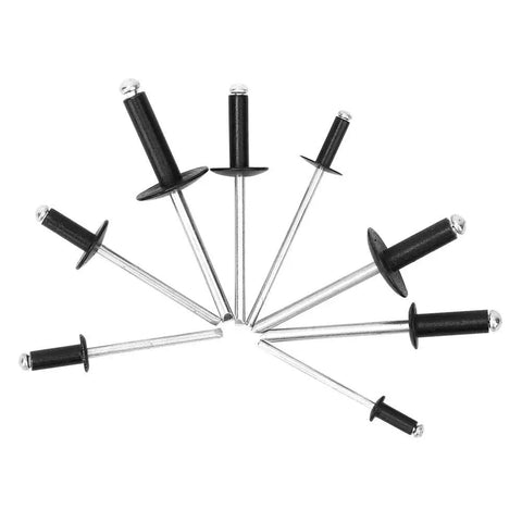 200 Piece Black Blind Rivet Kit High Strength Round Head Assortment Durable Finish Rust Resistant set displayed on white background