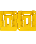 Heavy Duty Battery Holder Mounts 10 Pack For Workshop Organization With Included Hardware And Sturdy Abs Plastic Rack showing two yellow plastic mounts.