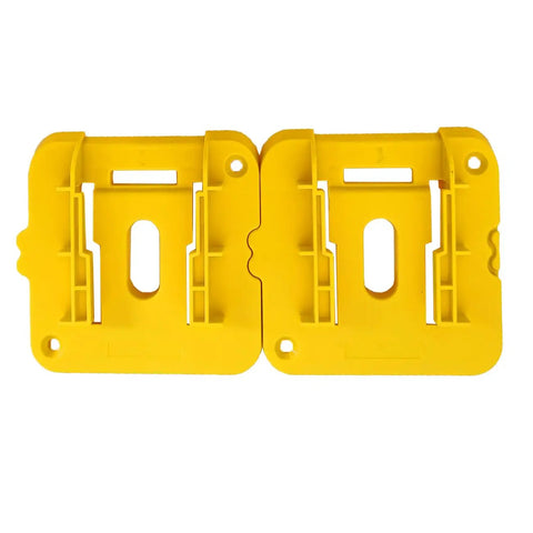 Heavy Duty Battery Holder Mounts 10 Pack For Workshop Organization With Included Hardware And Sturdy Abs Plastic Rack showing two yellow plastic mounts.