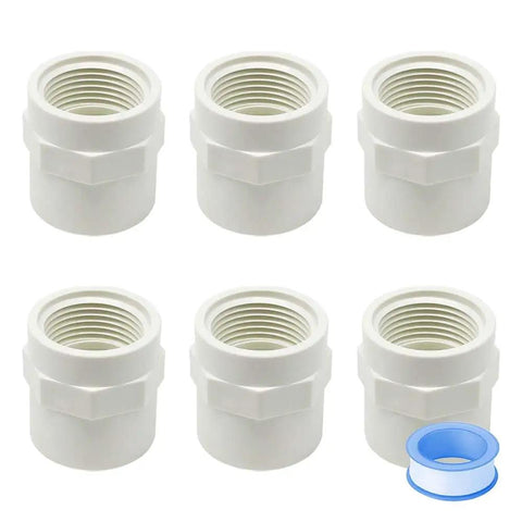 Six Pack 1 Inch PVC Coupling Fittings White Slip To Female Thread Pipe Adapters For Schedule 40 PVC Piping Includes 3M Sealing Tape