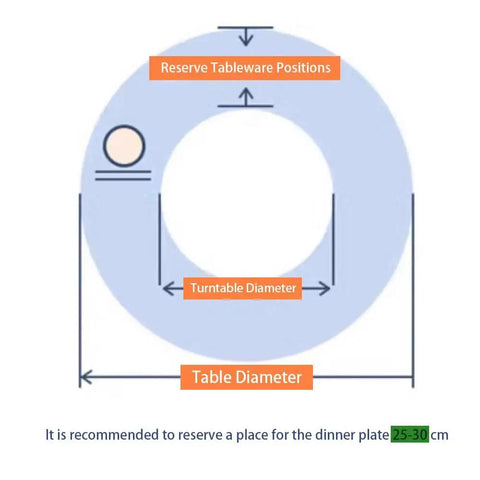 Diagram showing sizes for Big Shot Wooden Lazy Susan Serving Tray Smooth Operator Turntable on dining table.