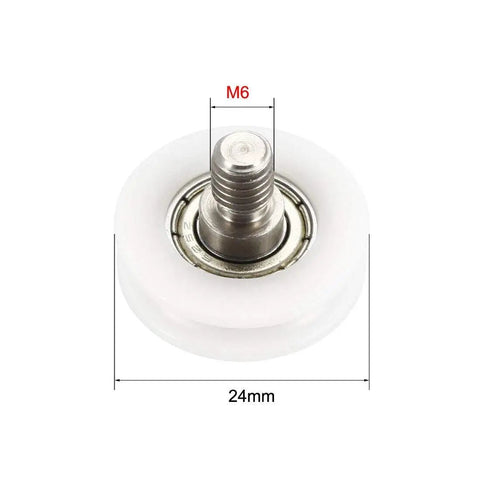 Top Notch Nylon Guide Pulley Wheel And Flat Belt Bearing Rollers For Slick Motion Guide Rail Systems With Low Noise Precision Design And Rock Solid Durability Featuring Two Millimeter Bore And M6 Metric Thread Mounting Options, 24mm nylon roller.