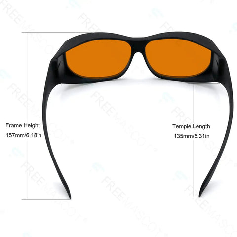 Heavy Hitter Laser Safety Glasses Serving Top Tier OD Plus Protection Against UV And Blue Light Filters For 405nm 445nm 450nm Lasers With A No Sweat Oversized Design In Glossy Black, showing frame height and temple length.