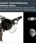 Beginner Friendly Computerized Newtonian Telescope With GoTo Mount 114mm Reflector showing moon and Saturn images