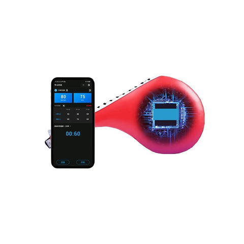 Heavy Hitter Boxing Kick Pad With Slick Smart Power Meter And App Connected Voice Broadcast For Taekwondo Kickboxing Training Durable Strike Target Red with smartphone displaying stats.