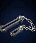 Heavy Duty Stainless Steel Door Security Chain Lock With Rock Solid Zinc Alloy Deadbolt Assembly For Front Door Entryway, close-up view.
