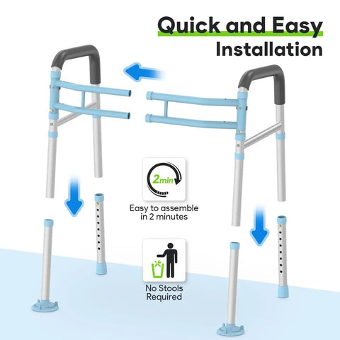 Rock Solid Adjustable Toilet Safety Rails For Seniors 300 Lbs Capacity Bathroom Assist Grab Bars showing easy assembly features.