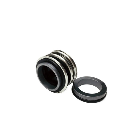 Heavy Duty Mechanical Seal For Vacuum Pumps Featuring Fifty MM Shaft Size With Dual Silicon Carbide Faces And Viton Backup O Rings, shown in black and silver.