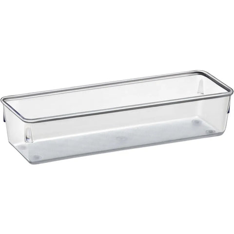 Clear plastic bin from Clear Drawer Organizer Set Four Piece Modular Bins For Office Home Makeup Kitchen And Junk Drawer Storage.