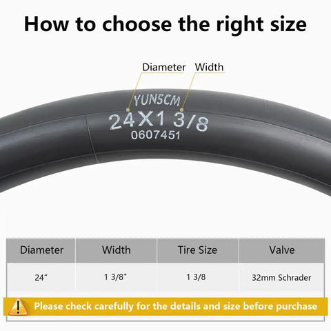 Heavy Duty 24x1 3/8 Inner Tubes 37-540 With AV32mm Schrader Valve size guide diagram for 24x1 3/8 bicycle tires and wheelchairs.