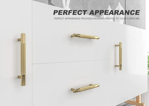 Solid Brass Cabinet Pulls 4 Pack 3 3/4 Inch Brushed Gold Modern Drawer Handles on white kitchen cabinets