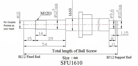 Technical diagram of SFU1610 ballscrew with dimensions, designed for Badass Cnc Build Kit Featuring Drop Dead Accurate 16Mm Ballscrew.