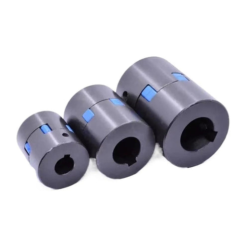L095 L-Type Three Jaw Coupling 55mm Steel Flexible Nitrile Spider displayed in three sizes for servo motor applications.