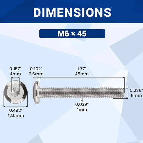 Top Shelf 10 Pack M6 X 45mm Full Thread Flat Head Binding Screws with dimensions displayed, measure 45mm long, stainless steel.