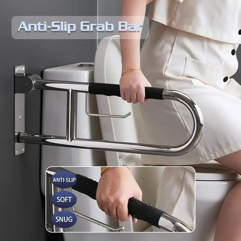Solid 23.6 Inch Flip Up Toilet Grab Bar With Hella Secure Soft Silicone Anti Slip Grip And Built In Roll Holder Rock Solid 304 Stainless Steel U Shaped Safety Rail For Wet Bathrooms, close-up of anti-slip grip.