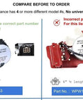 Comparison of correct and incorrect washer shift actuator part numbers for Whirlpool appliances, with visual differences highlighted.