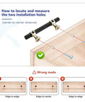 Instructional image showing how to measure installation holes for Matte Black And Gold Cabinet Pulls 5 Inch Center To Center 7 Inch Long Drawer Handles 10 Pack Premium Zinc Alloy Kitchen Hardware Dead Easy Top Shelf Modern Design.