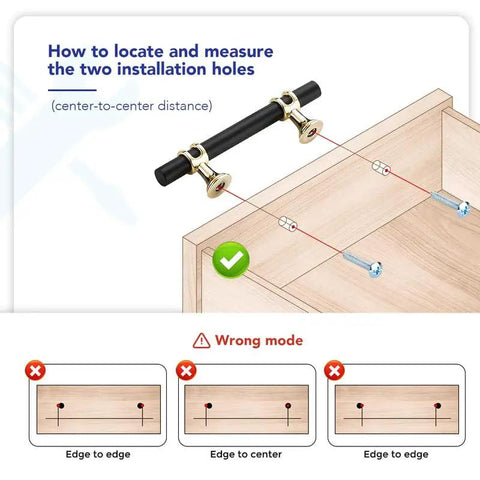 Instructional image showing how to measure installation holes for Matte Black And Gold Cabinet Pulls 5 Inch Center To Center 7 Inch Long Drawer Handles 10 Pack Premium Zinc Alloy Kitchen Hardware Dead Easy Top Shelf Modern Design.