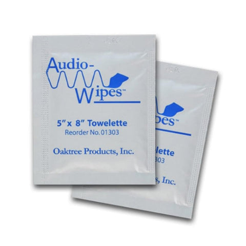 Alcohol Free Cleaning Wipes For Hearing Aids And Tech, 100 Count Individually Wrapped, two 5x8 inch packets shown