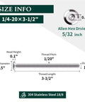 Twelve Pack Heavy Duty 1/4-20 By 3-1/2 Inch Flat Head Hex Socket Cap Screws Paired With Barrel Nuts And Hex Spanner Built Tough From 304 Stainless Steel For Smooth Corrosion Resistant Fastening size info and specifications.