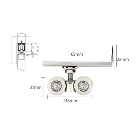 Built Like A Rock Heavy Duty Sliding Door Rollers Set Of 4 Boast Zinc Alloy Double Wheels with dimensions shown.