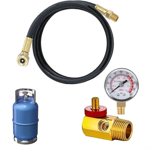 No Fuss Air Tank Repair Kit With Dead Accurate 0 To 200 Psi Pressure Gauge, PVC hose and brass manifold components displayed.