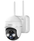 Wireless Outdoor Security Camera With Battery Power, 360 Degree View, installed on wall, featuring dual antennas and lens.