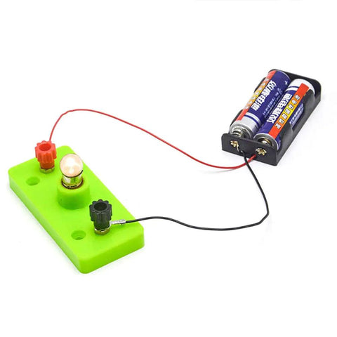 Hella Bright E10 Mini Light Bulbs 10 Pack Screw Base Indicator Lamps connected to a battery for a circuit experiment in a workshop.