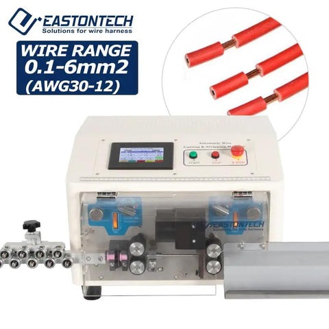 Heavy Duty Automatic Cable Wire Cutter And Stripping Machine Featuring Touch Screen Display, showing front angle and wire range details.
