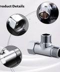 Rock Solid Three Way Brass Diverter Valve Tee Joint Connector With Half Inch Threading, chrome finish, showcasing threading details and connector fittings.