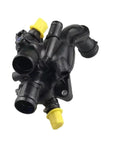 Performance Engine Coolant Thermostat Straight Garage Swap For Citroen C4 Peugeot 207 308 508, black plastic with yellow accents.